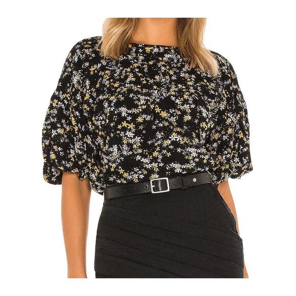 Free People Tops - Free People Bodysuit Womens L Black Combo Floral Dessa Puff Sleeve Thong Boho